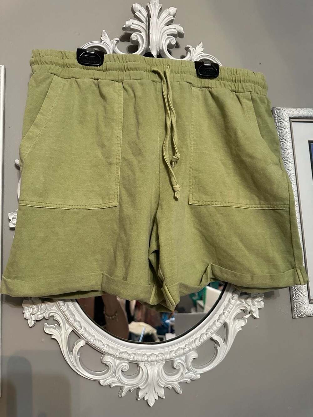 Double Zero Olive Green Cotton Drawstring Lounge Shorts with Patch Pockets